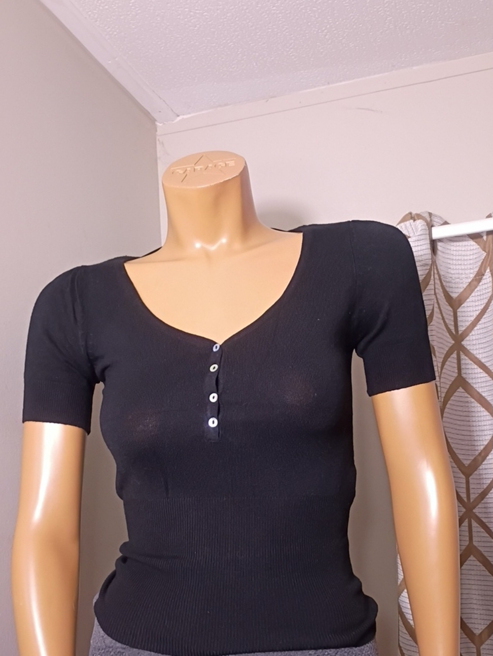 Atmosphere Black Short-Sleeve Ribbed Henley Top